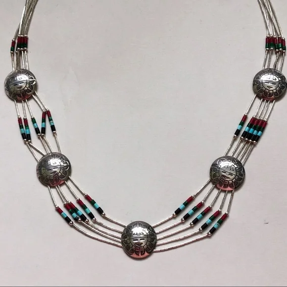 Vintage Native American Sterling Silver Gem Bead Kachina Medallion Necklace